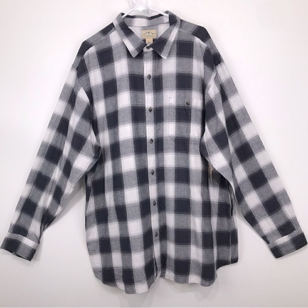 Blue Mountain Charcoal Gray White Plaid Flannel Button Down Casual Shirt